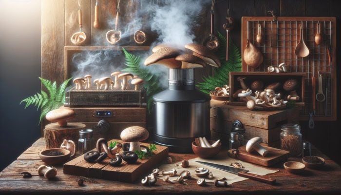 Sliced shiitake, portobello, and oyster mushrooms being smoked in a rustic kitchen setting.