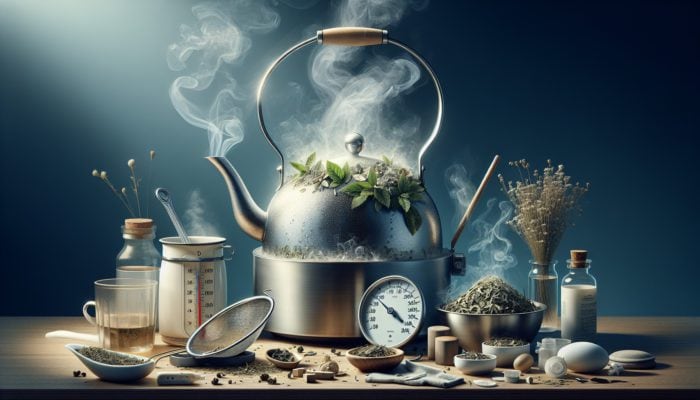 A peaceful kitchen scene with herbal teas steeping, ensuring safety for the baby.