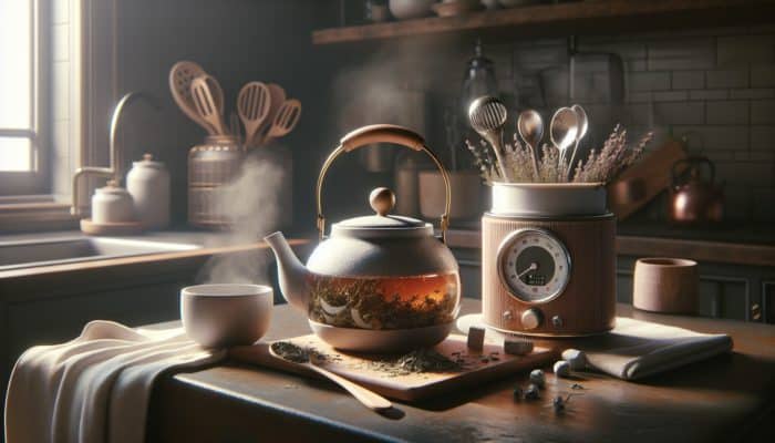 A cozy kitchen featuring a teapot of herbs, steam, timer, and cooling container for baby's safety.