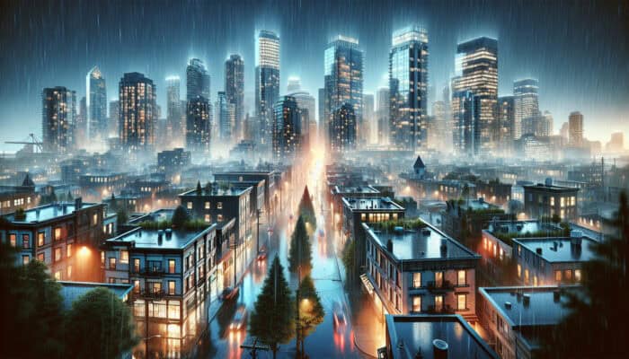 Drainage Repair Services in Yaletown: A vibrant Yaletown scene with efficient drainage systems managing heavy rainfall, enhancing community health and property values.