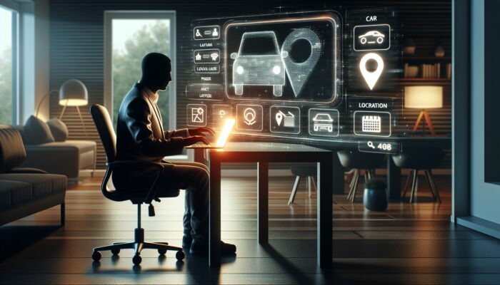 Person searching for car rentals online in a modern home office using a laptop.