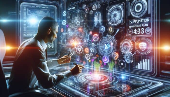 A digital marketing expert creating a supplement SEO plan on a futuristic screen with vibrant graphs and keywords.