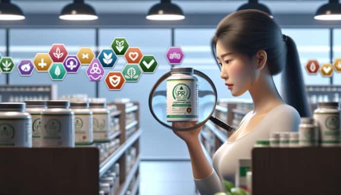 Person using a magnifying glass to check third-party certification on supplement bottle in health store.