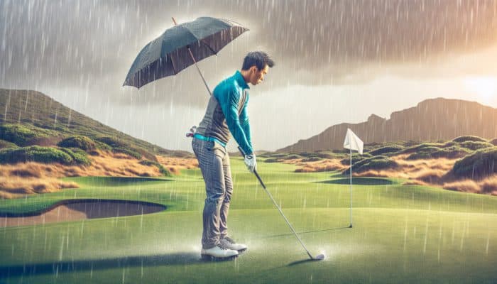 Golfer in South Africa using an umbrella and rain jacket, adjusting stance and club selection in high winds during sudden summer thunderstorms.