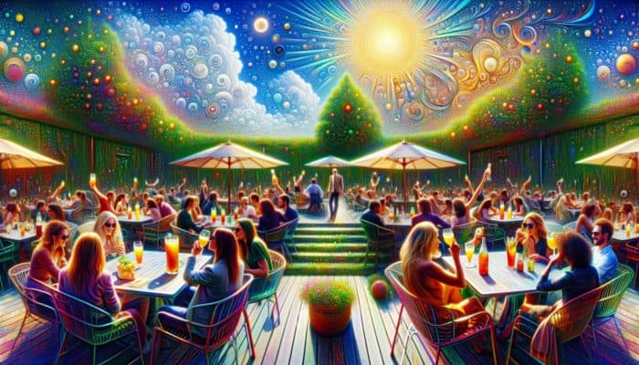 A vibrant patio scene featuring people enjoying colorful seltzer drinks amidst lush greenery and a sunny sky.