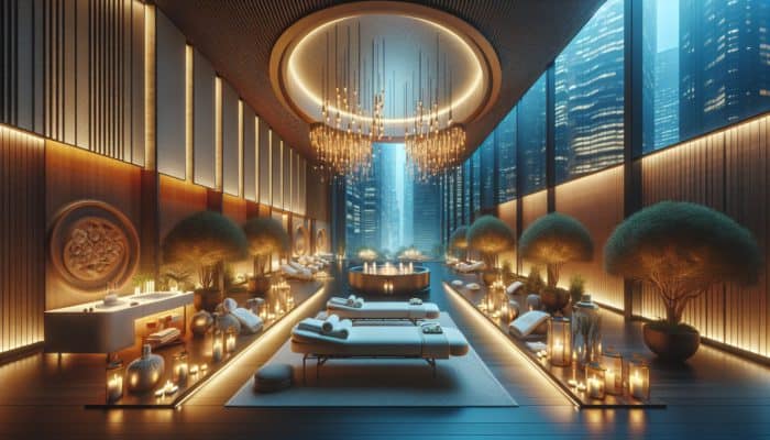A tranquil Las Vegas spa featuring luxurious massage tables and elegant decor for relaxation.