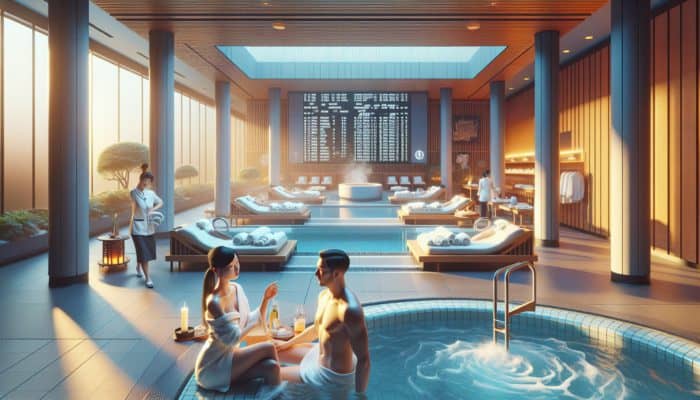 A peaceful Las Vegas spa in the early morning, featuring quiet hot tubs, saunas, a massage session, and a client discussing spa packages with staff.
