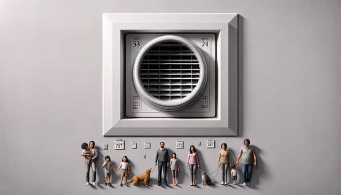 A spotless air vent in a modern Abbotsford home, with a calendar indicating annual cleaning and a family with pets.