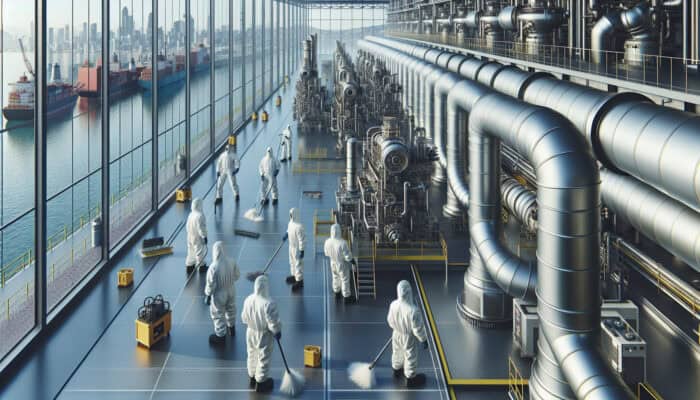 Experts in protective suits conducting a thorough duct cleaning in a modern facility in Port Coquitlam.