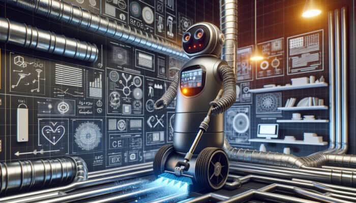 Futuristic robotic device cleaning and disinfecting ductwork using UV light in a contemporary home.