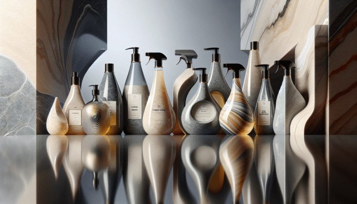 A variety of premium pH-neutral stone floor cleaners from top UK brands displayed on a marble countertop.