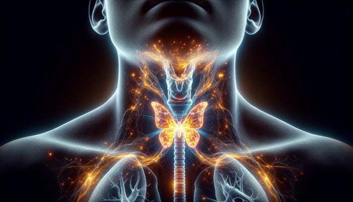 Illustration of the thyroid gland at the front of the neck, vital for producing T3 and T4 hormones impacting metabolism and growth.