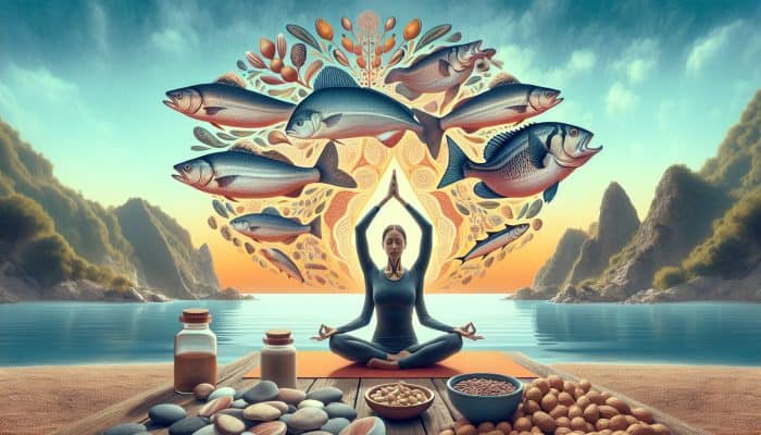 Person practicing yoga by the sea with fish and nuts, representing support for thyroid health.