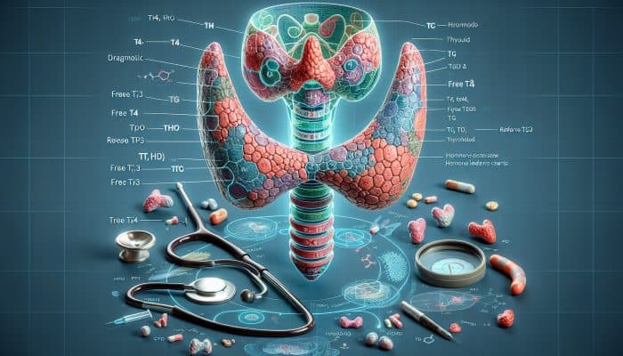 Illustration of the thyroid gland with labeled sections for TSH, T4, T3, TPO, Tg, Free T4, Free T3, Reverse T3, and diagnostic tools.