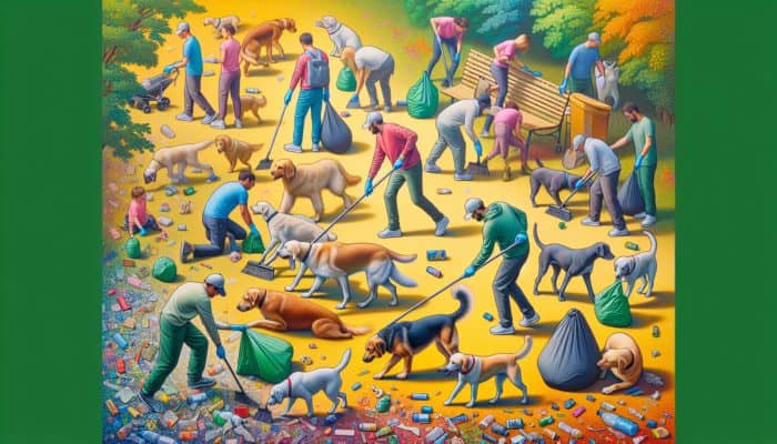 Dogs and volunteers enthusiastically participating in a park cleanup, with dogs using their acute sense of smell to find litter.