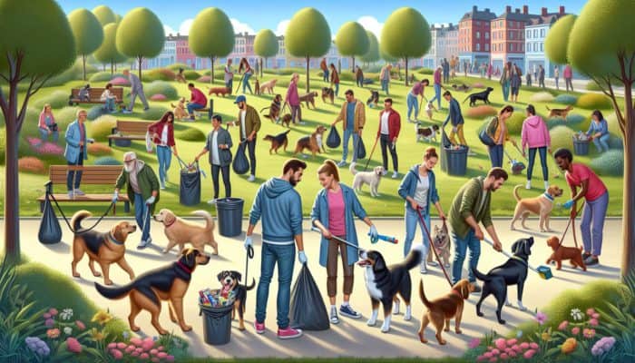 Dogs and their owners actively participating in a community cleanup, improving training and social skills in a park.