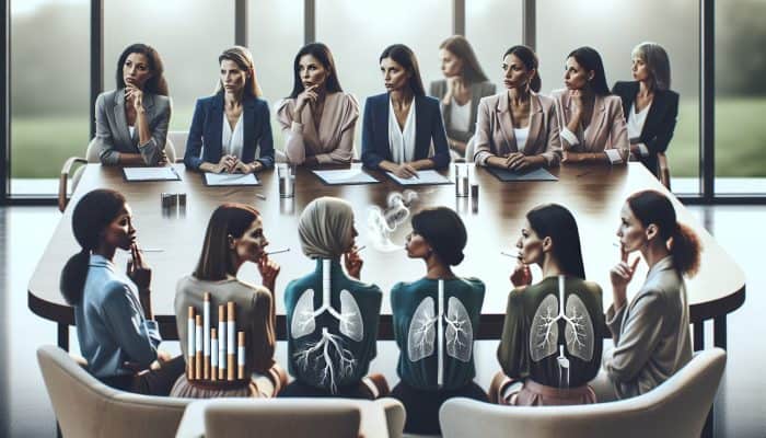 Female experts discussing smoking cessation strategies in a contemporary, well-lit conference environment with visual aids.