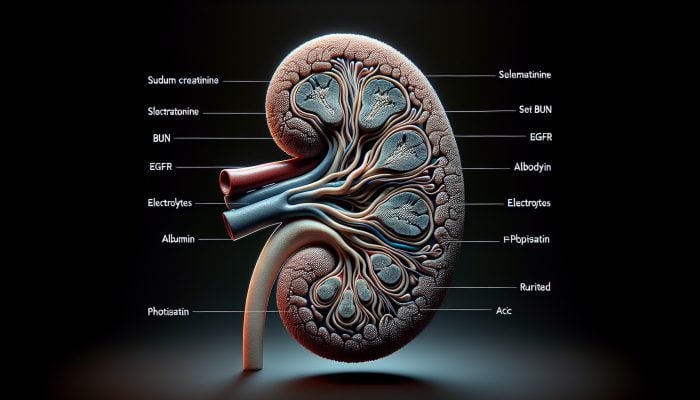 Kidney Blood Test in Bolton: A detailed medical illustration of a kidney with labeled sections showing various diagnostic test levels for kidney health.