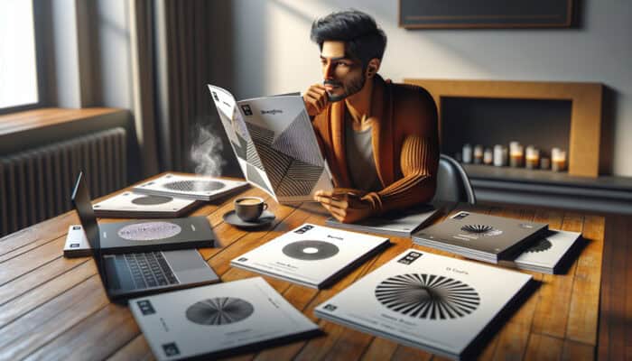 Person comparing brochures and reviews of boiler service providers at home with a laptop and coffee.