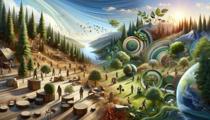 A serene landscape showcasing natural textures like wood, stone, and leaves, symbolising sustainable living and a circular economy.