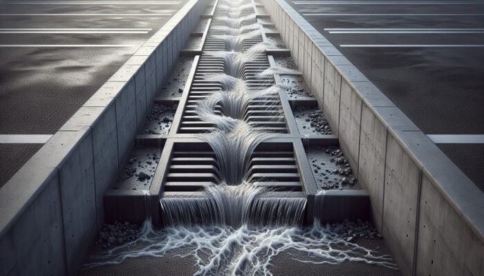 Surface drain in a parking lot, efficiently capturing water into a grated trench to prevent pooling.