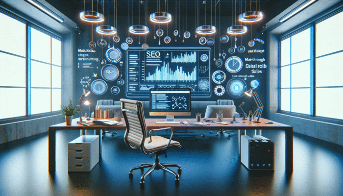 A digital screen displaying meta titles and click-through rate graphs, along with SEO tools in a contemporary office.
