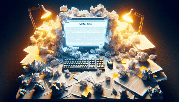 A cluttered desk with a computer displaying a generic webpage title, surrounded by papers with long, keyword-stuffed titles, illustrating SEO meta title errors.