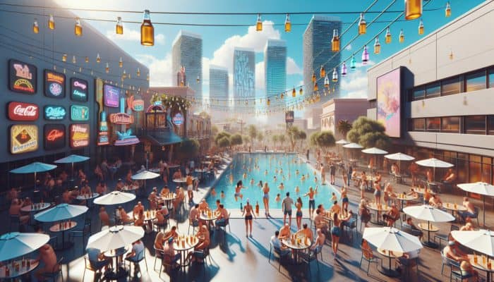 A vibrant Las Vegas scene featuring outdoor bars and people enjoying day drinking under a clear sky.
