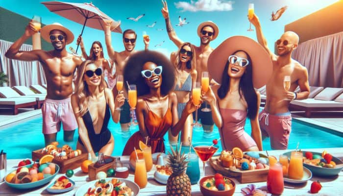 A lively Las Vegas pool party at 2 PM, featuring a DJ, themed brunch, and happy hour signs.