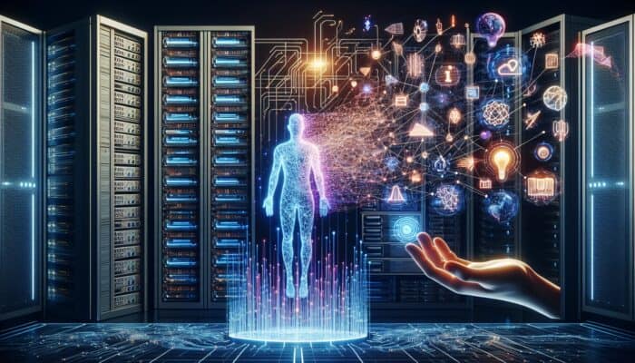 A futuristic server room transitioning into an AI-driven cloud platform with seamless data flow and personalized interfaces.