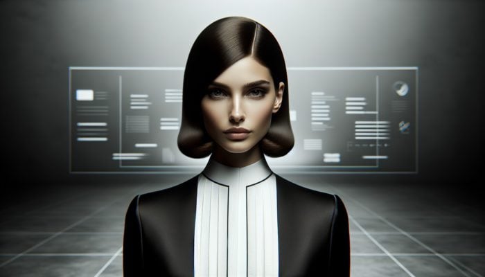 Individual showcasing a sleek centre-parted hairstyle, dressed in a classic black and white outfit, set against a minimalist backdrop.