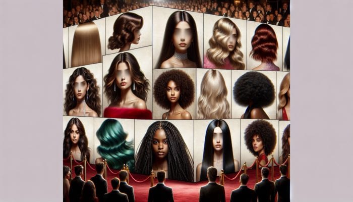 Collage of celebrities sporting centre-parting hairstyles, ranging from sleek to wavy, on a glamorous red carpet.