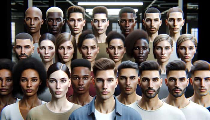 A diverse group of individuals sporting centre-parted hairstyles that enhance their features, showcasing symmetry and natural beauty.
