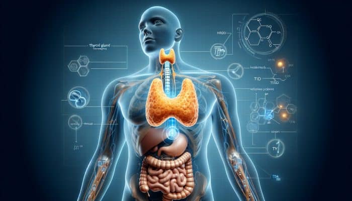 Anatomical illustration of thyroid gland showing T3 and T4 hormone production for metabolism, growth, and development.