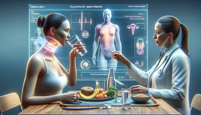 Person hydrating and eating after thyroid test, calendar showing follow-up, doctor discussing results in a clinical setting.