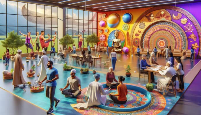 A vibrant wellness centre with diverse groups participating in fitness, nutrition, mental health, and stress management activities.