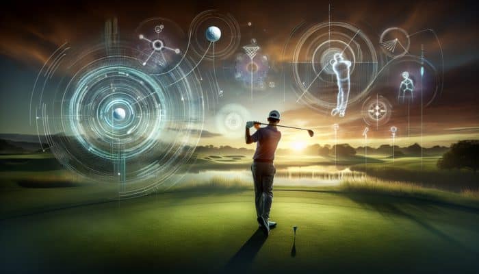 A golfer at sunrise on a tranquil course, using holographic tools for visualization and expert guidance.
