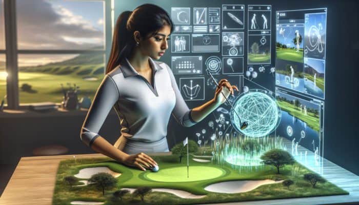 An amateur golfer utilizing high-tech visualisation tools to analyze a 3D hologram of a golf course.
