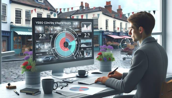 A small business owner in Totnes devising a video content strategy with local market elements and goal-setting visuals.