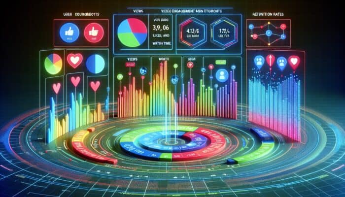 A digital dashboard illustrating graphs of video engagement metrics by user sign-up month, emphasizing retention rates.