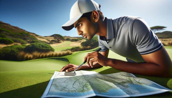 A golfer in South Africa examining the slope of a green with a specialized putter and course map under a bright sun.