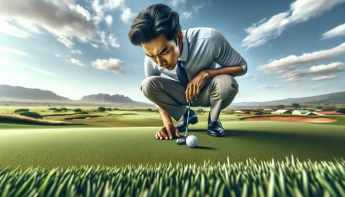 A golfer assessing the grain of kikuyu grass on a South African green, noting that the ball rolls slower against the grain, with distant hills in view.