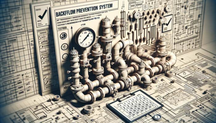 Illustrative diagram of backflow prevention system with annual testing frequency highlighted on calendar.