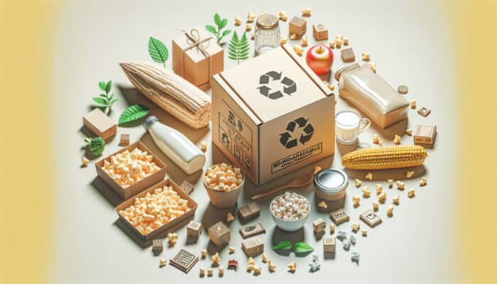 Biodegradable corn starch peanuts and recycled cardboard boxes used by UK retailers for sustainable packaging.