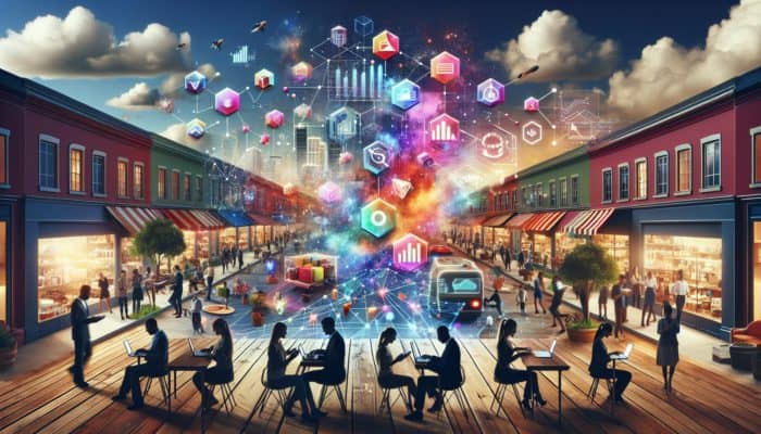 E-commerce Development in Bampton: A vibrant digital marketplace where local entrepreneurs connect globally, showcasing the benefits of e-commerce.