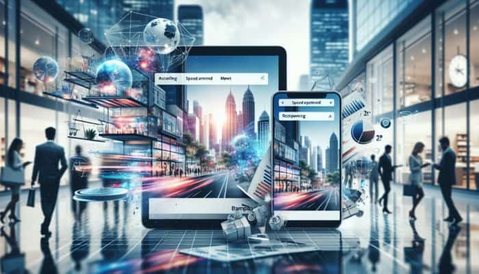 E-commerce interface displayed on smartphone and laptop, highlighting user-friendly navigation, quick loading, and mobile responsiveness in a Bampton business context.
