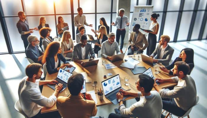 Bampton business owners collaborating at an e-commerce workshop with tech experts, utilizing laptops to enhance their online presence.