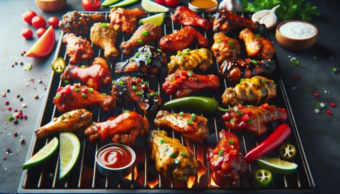 Assorted marinated chicken wings grilling, showcasing flavors like Buffalo, Honey Mustard, and Chipotle Lime.