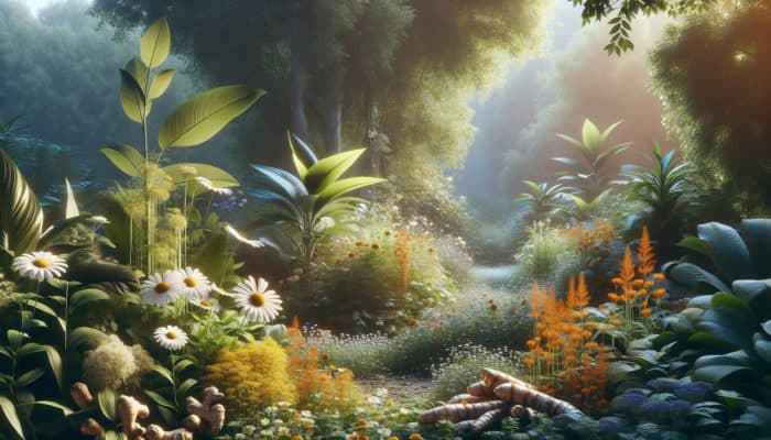 Explore the Benefits of Herbs for Chronic Illness: A garden with chamomile, turmeric, and ginger plants, used for managing chronic illnesses.