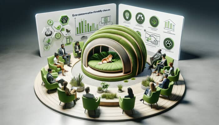 A well-crafted pet bed made from recycled materials, highlighted by experts in a green-themed studio.
